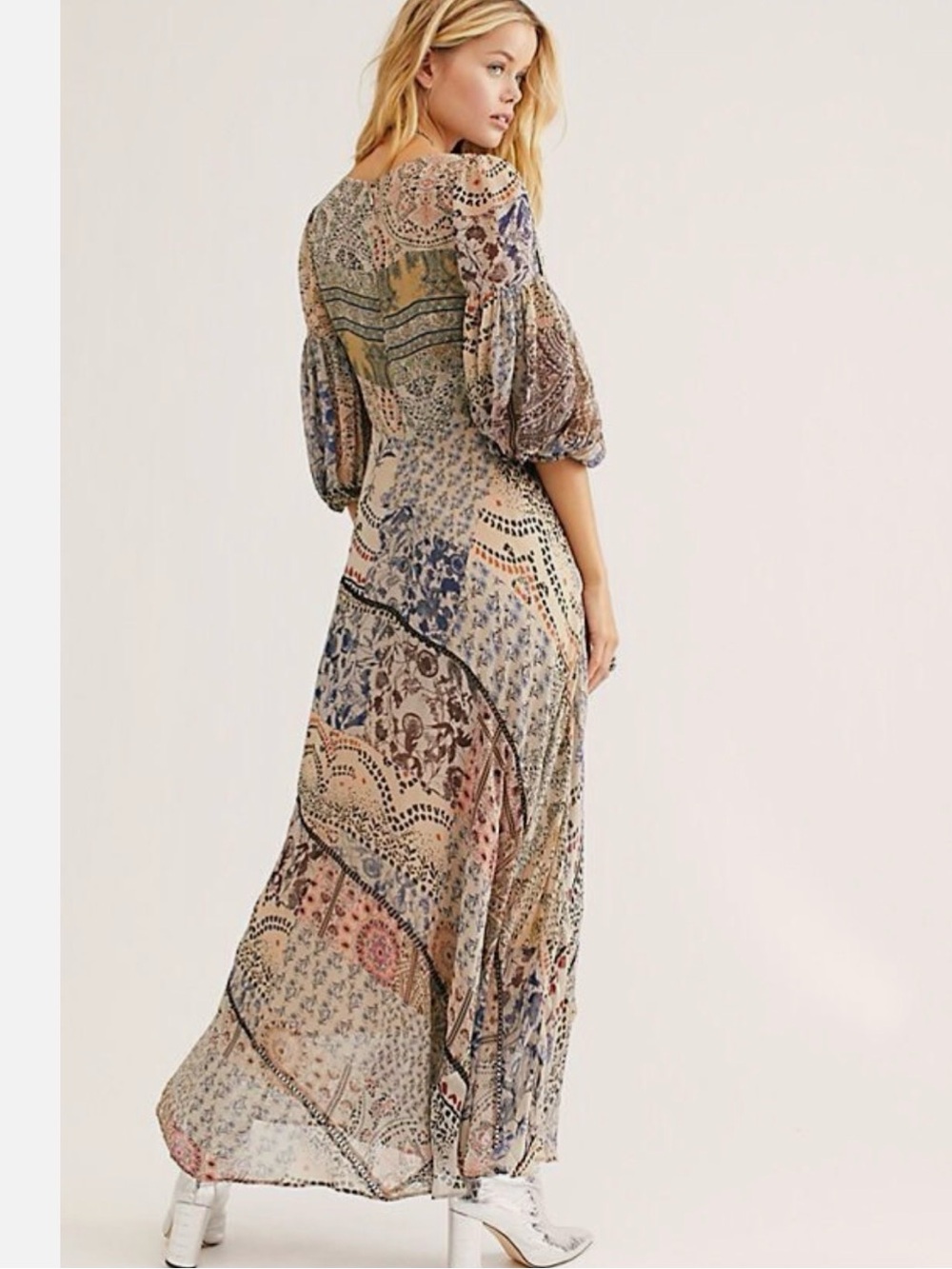 FREE PEOPLE “Moroccan Dreams” Boho Maxi Dress ~ SZ 8 ~ beige/blue/multi ~ NWT! - Picture 8 of 17